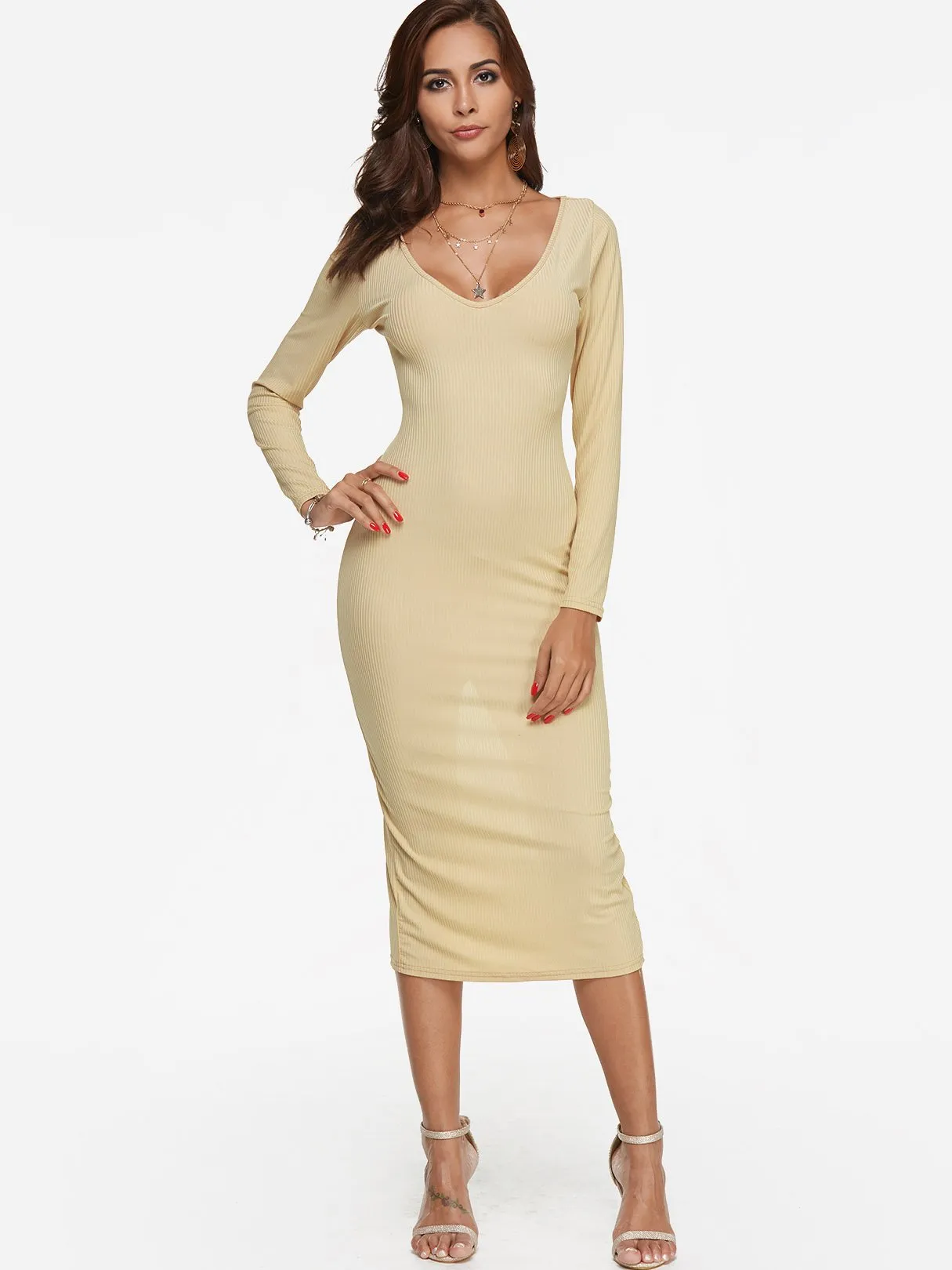 Beige Deep V Neck Long Sleeve Plain Bodycon Hem Sexy Dresses