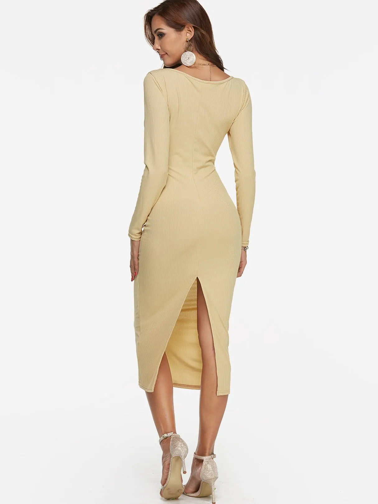 Beige Deep V Neck Long Sleeve Plain Bodycon Hem Sexy Dresses