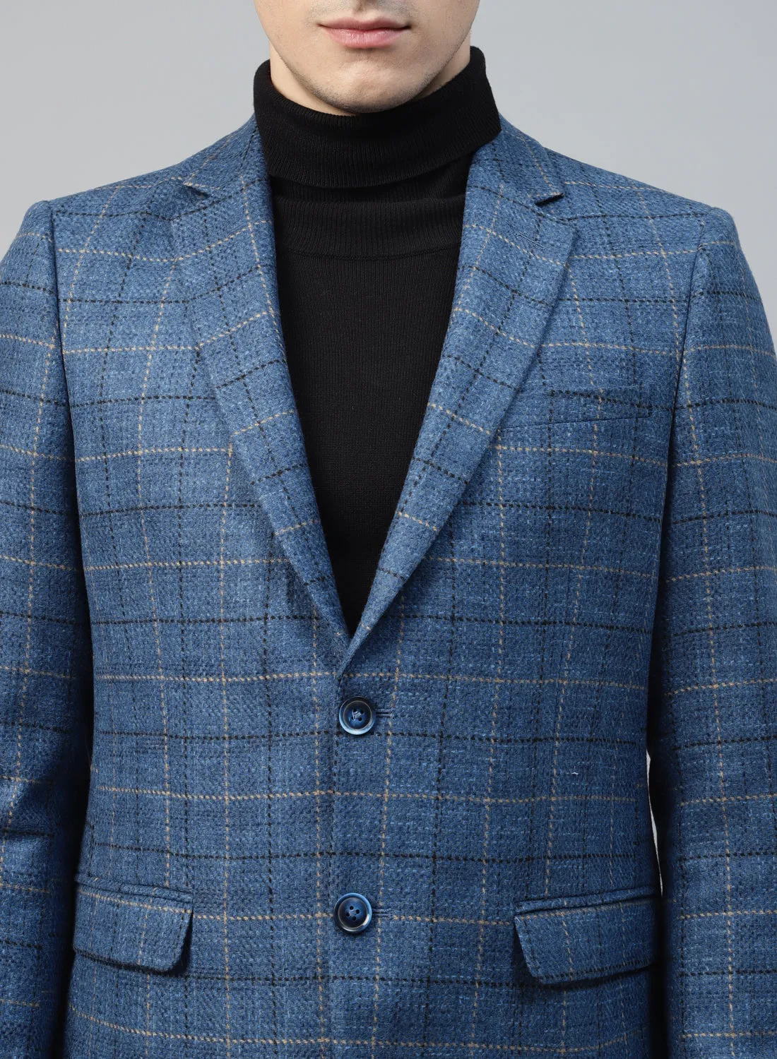 Blue Tweed Checks Tweed Notch Collar Jacket