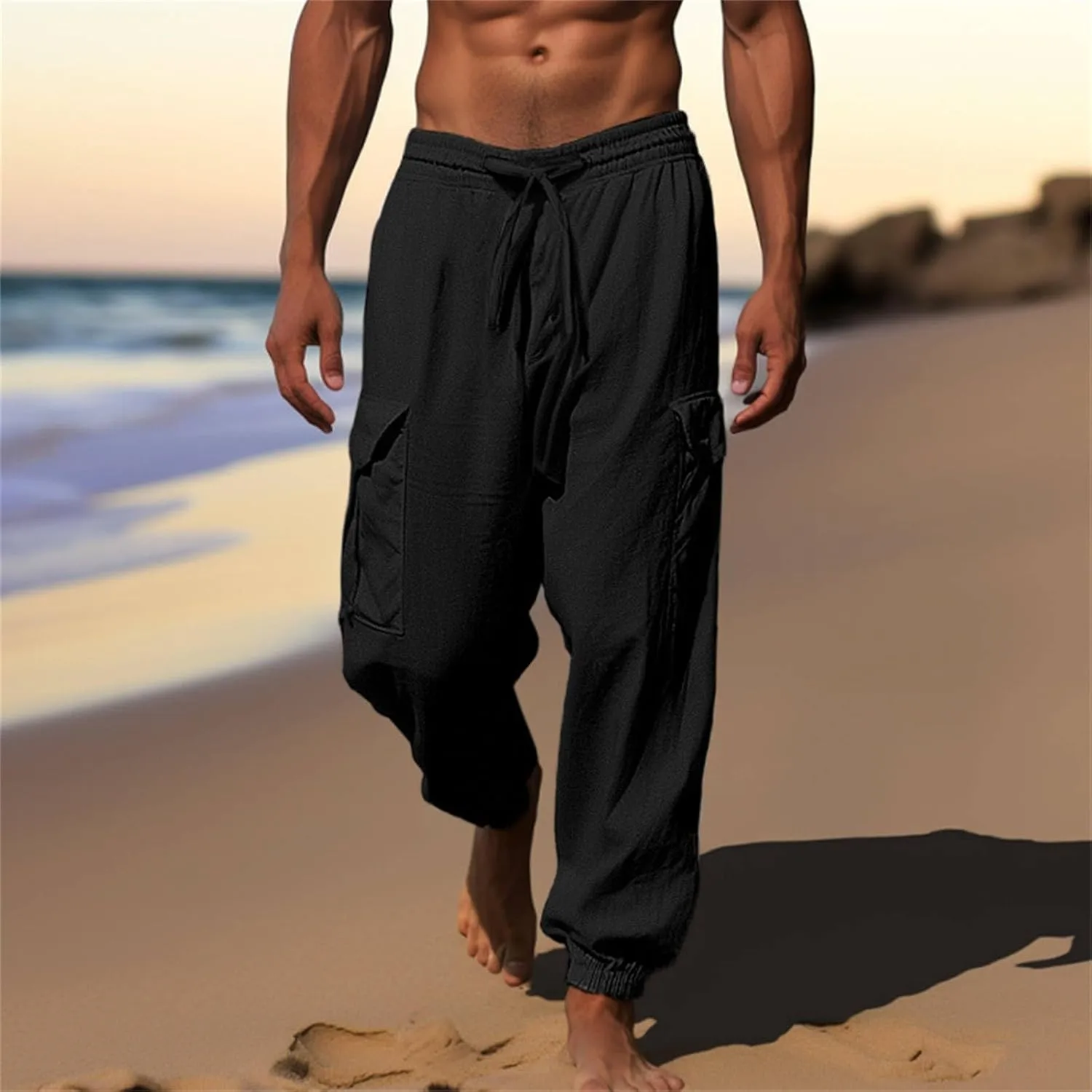Casual Baggy Linen Harem Pants for Men Solid Elastic Waist Drawstring Joggers Flap Pockets Yoga Hippie Beach Lounge Trousers