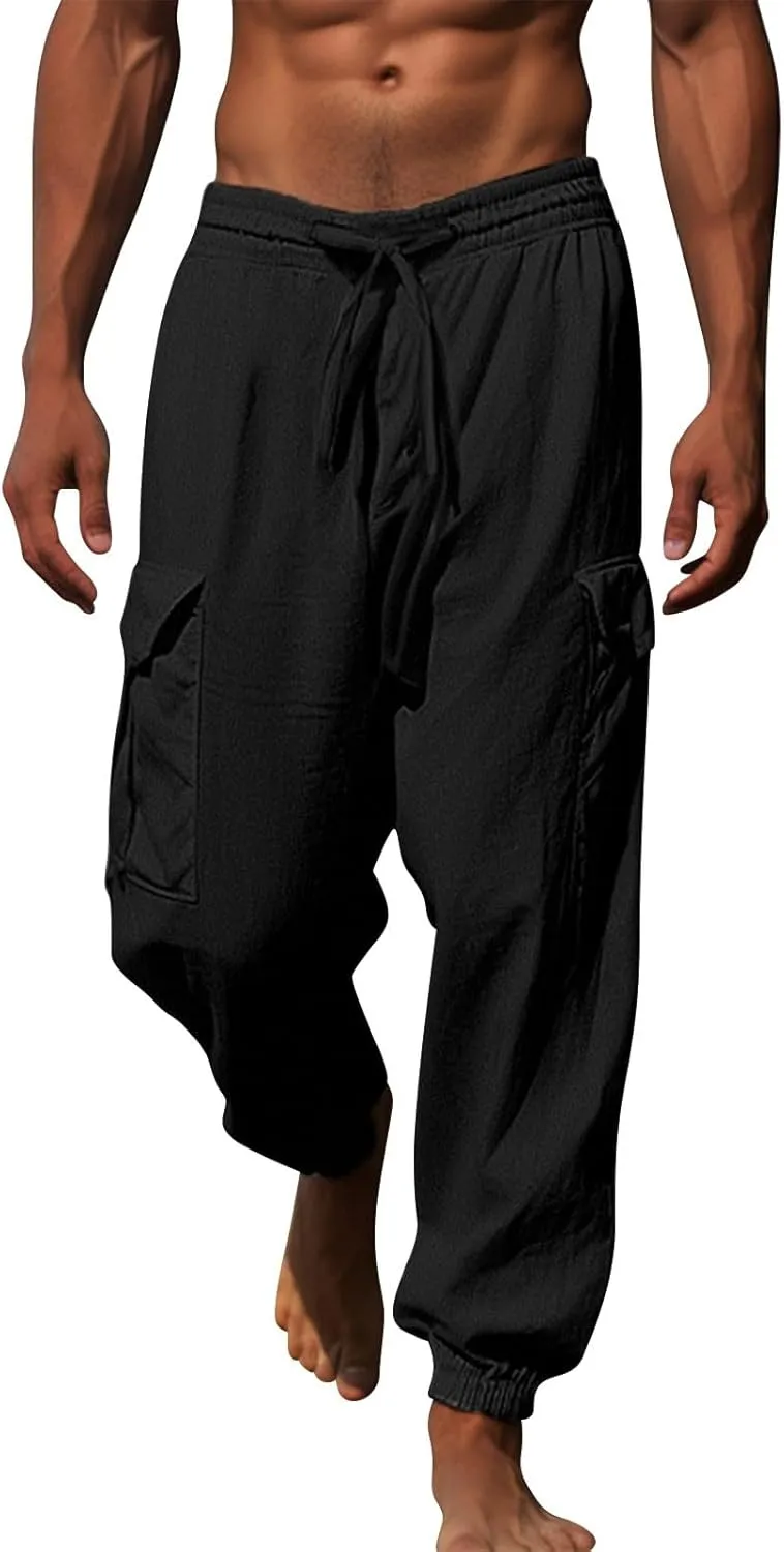 Casual Baggy Linen Harem Pants for Men Solid Elastic Waist Drawstring Joggers Flap Pockets Yoga Hippie Beach Lounge Trousers