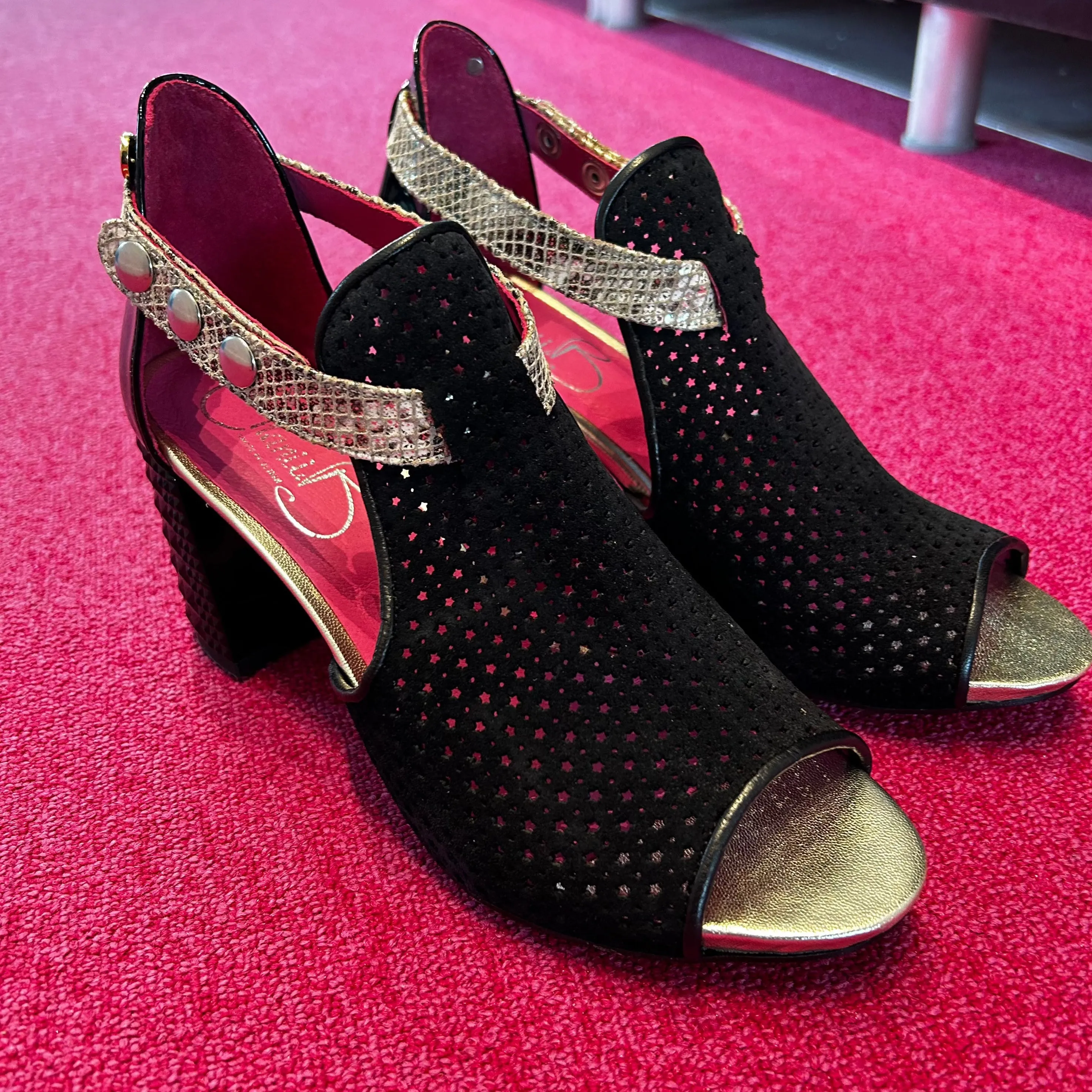 Chanii B "Rayon" Black suede perf with gold strap - Heeled Sandal