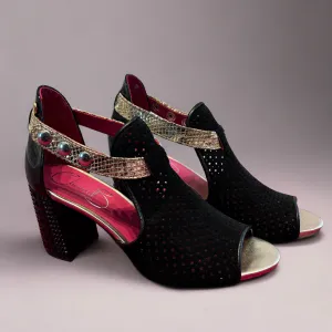 Chanii B "Rayon" Black suede perf with gold strap - Heeled Sandal