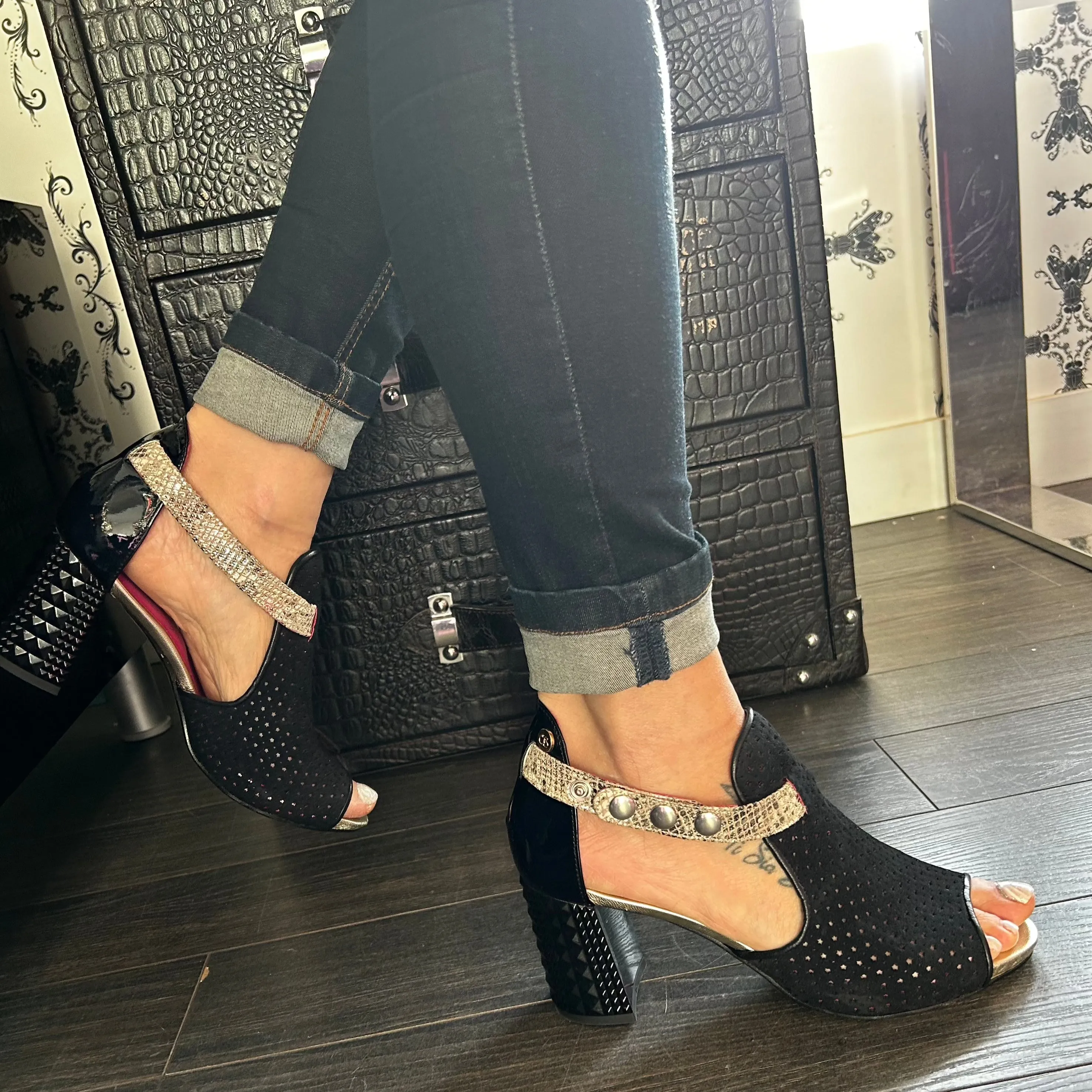 Chanii B "Rayon" Black suede perf with gold strap - Heeled Sandal