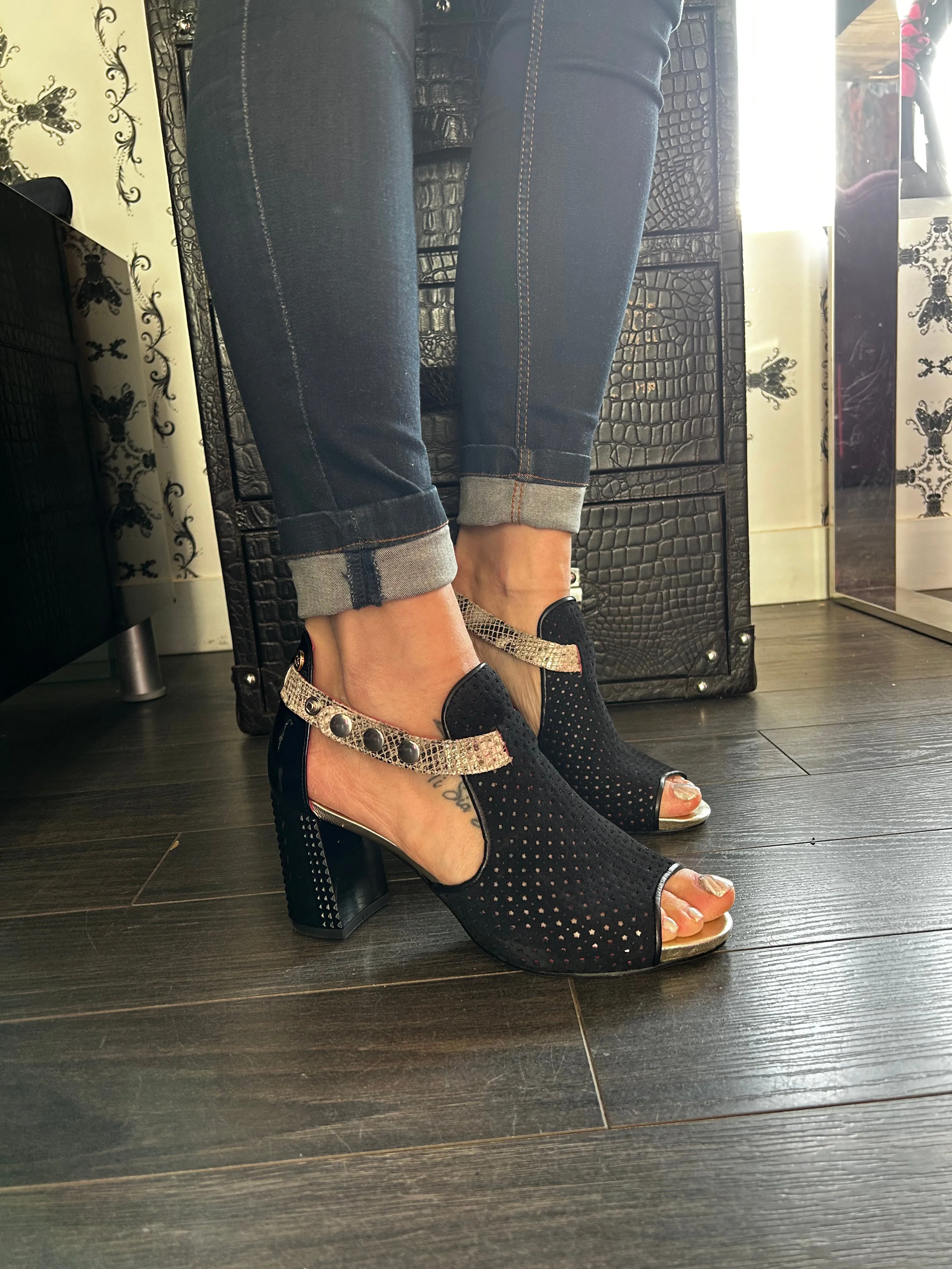 Chanii B "Rayon" Black suede perf with gold strap - Heeled Sandal