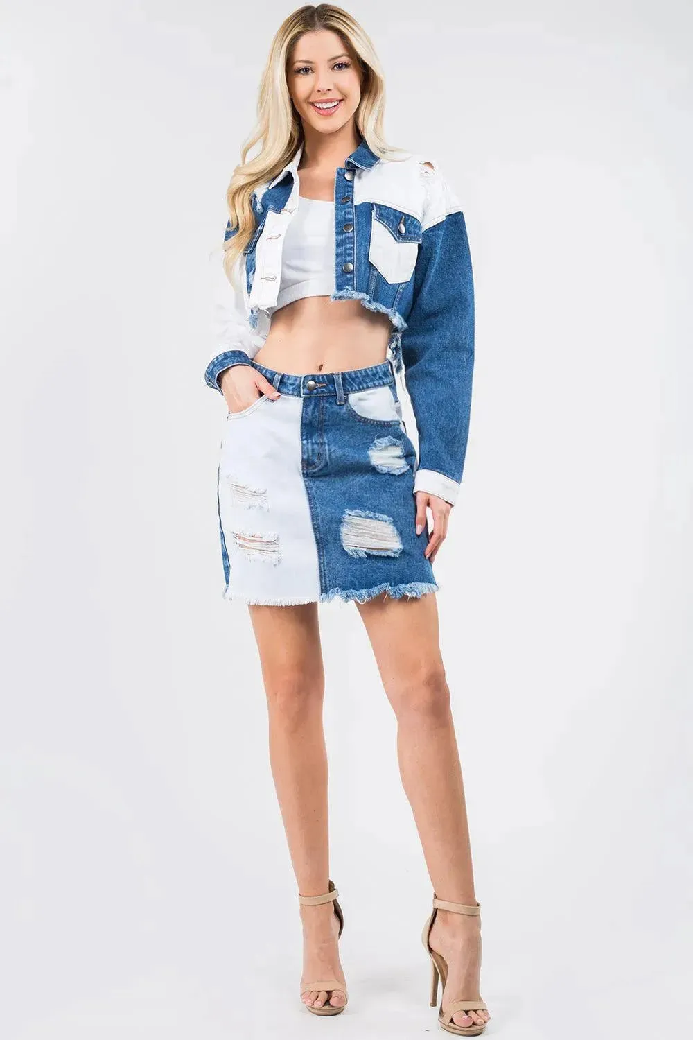 Edgy Contrast Patchwork Frayed Denim Distressed Skirt