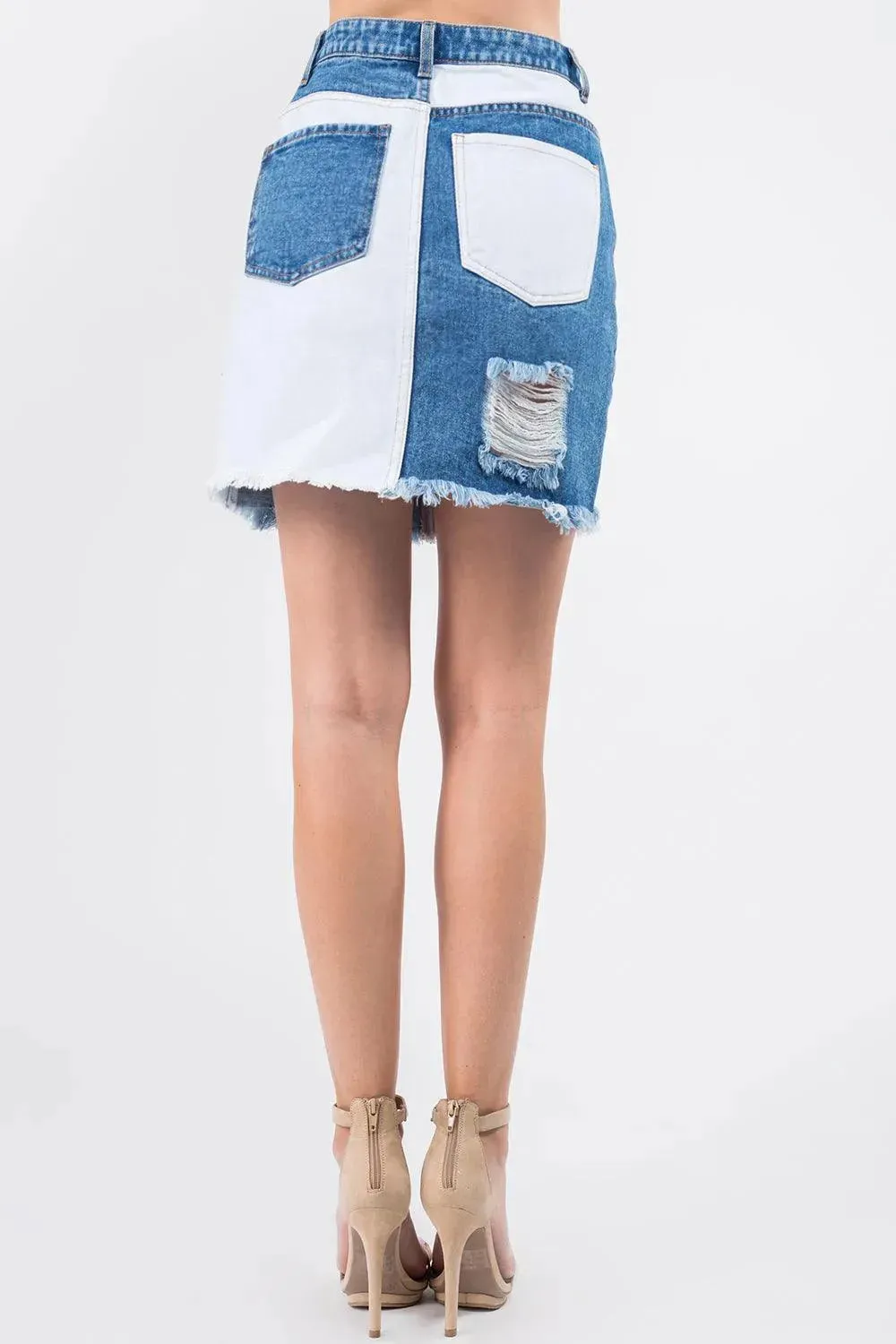 Edgy Contrast Patchwork Frayed Denim Distressed Skirt