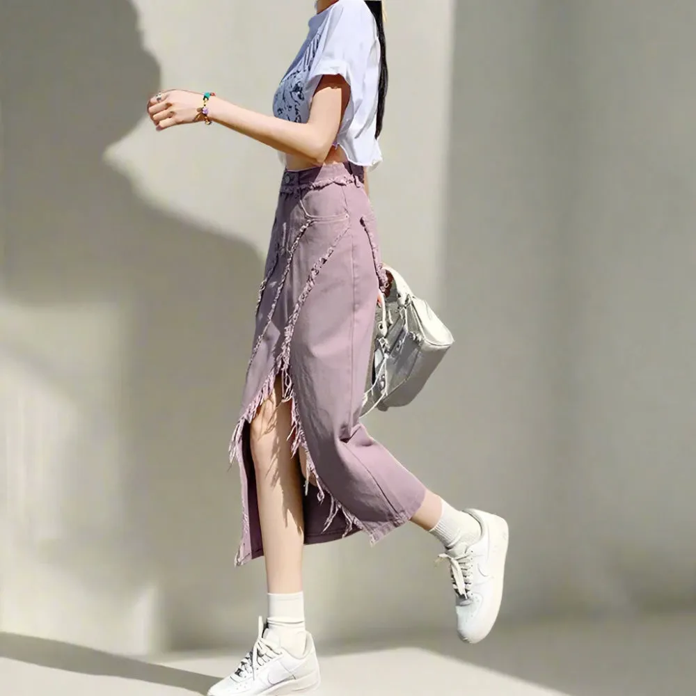 Edgy Distressed Front Split Denim Midi Skirt