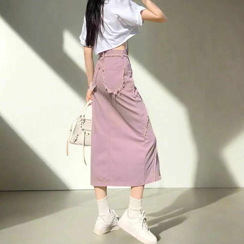Edgy Distressed Front Split Denim Midi Skirt