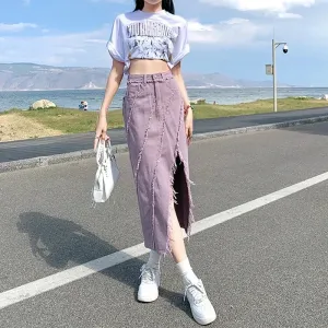 Edgy Distressed Front Split Denim Midi Skirt
