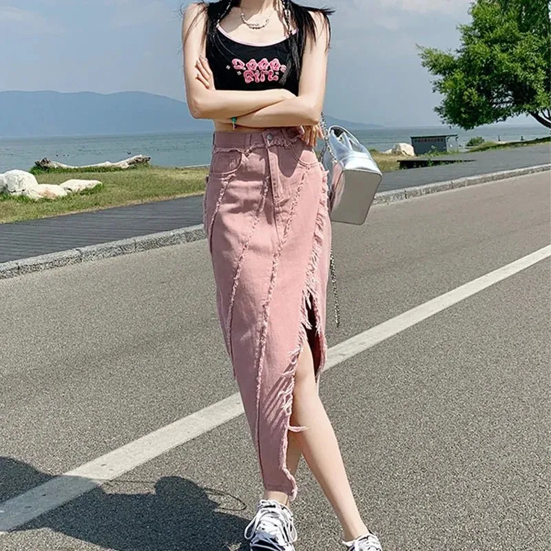 Edgy Distressed Front Split Denim Midi Skirt