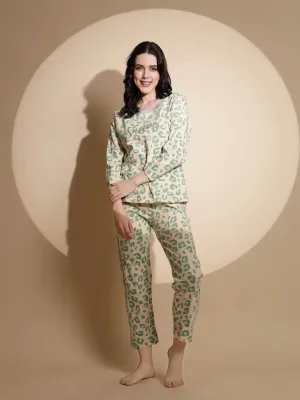 Green Hosiery Three Quarter Sleeve Printed Top & Pyjama Night Suit Set