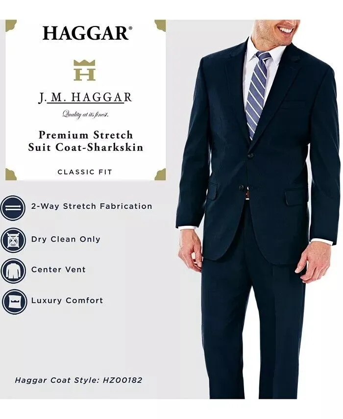 Haggar Mens Classic fit Sport Coat Blazer 38 R Blue Solid Stretch