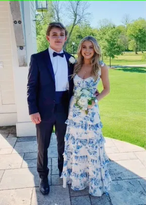 kamahe Sexy A line Long Blue Floral Prom Dress Blue and White Party Dresses