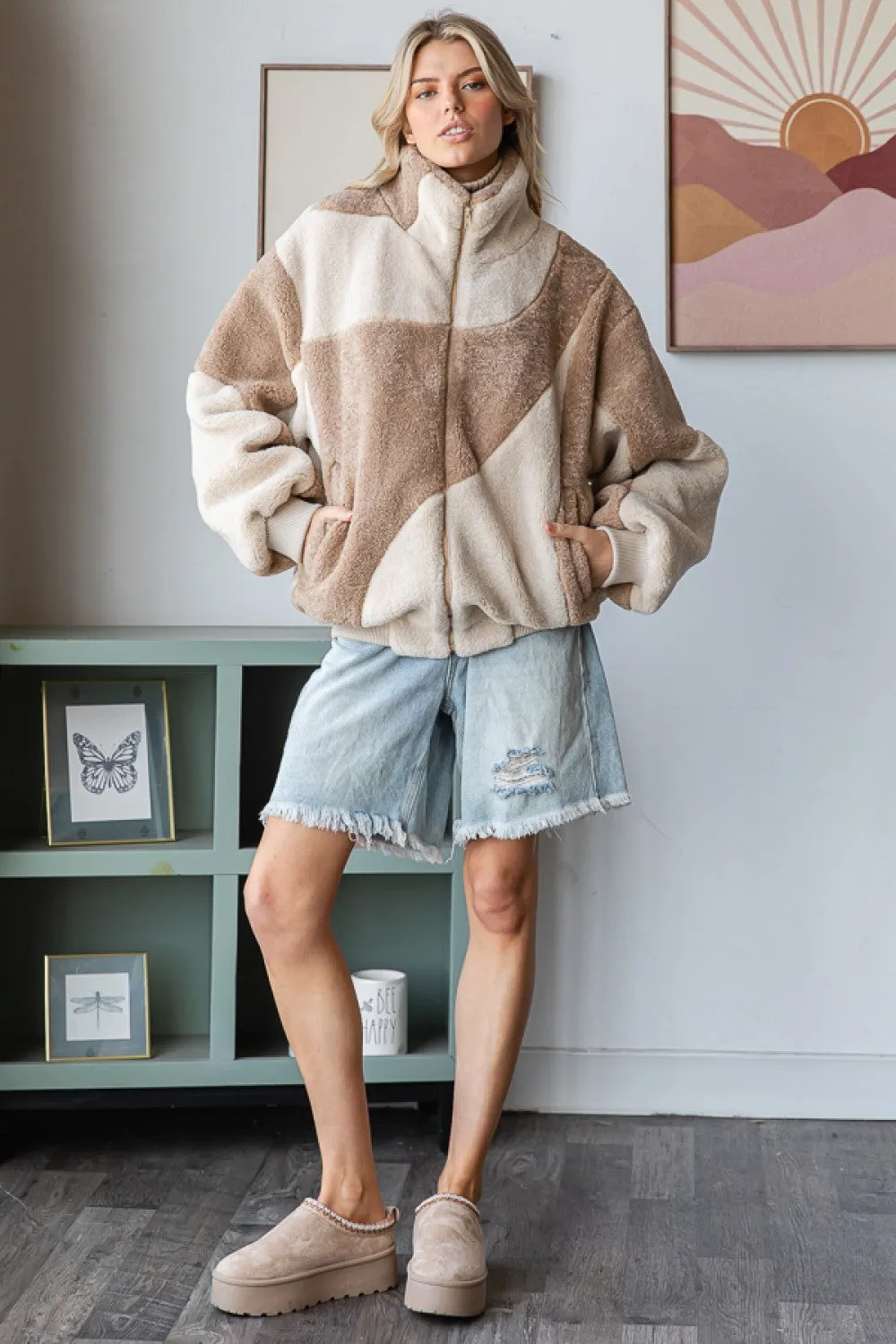 Keep It Cozy Two Tone Zip Up Sherpa Bomber (Sizes Small to XL)