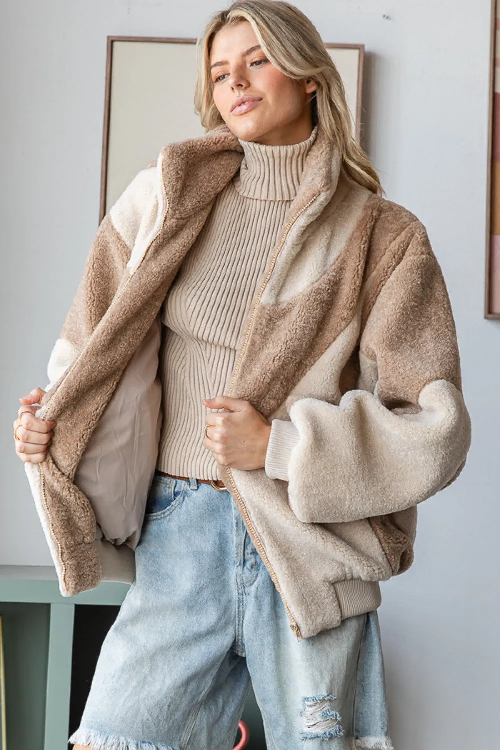 Keep It Cozy Two Tone Zip Up Sherpa Bomber (Sizes Small to XL)