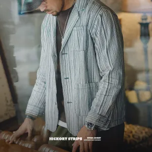 Mens Blue And White Hickory Striped Suit Loose Jacket