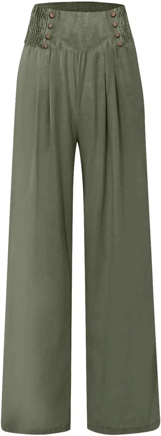 Palazzo Pants For Women Casual Plus Size Trouser Summer Boho Wide Leg Smocked High Waist Casual Loose Lounge Pants