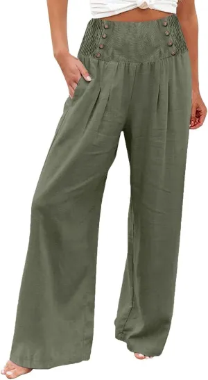 Palazzo Pants For Women Casual Plus Size Trouser Summer Boho Wide Leg Smocked High Waist Casual Loose Lounge Pants