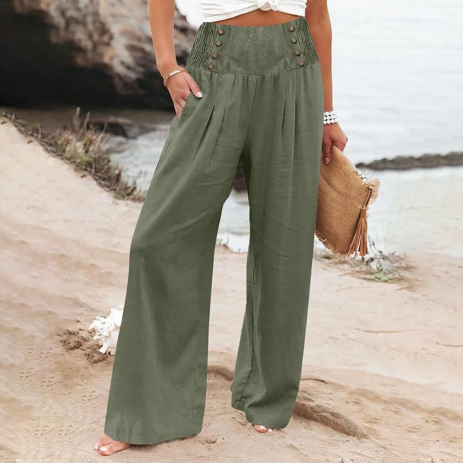 Palazzo Pants For Women Casual Plus Size Trouser Summer Boho Wide Leg Smocked High Waist Casual Loose Lounge Pants