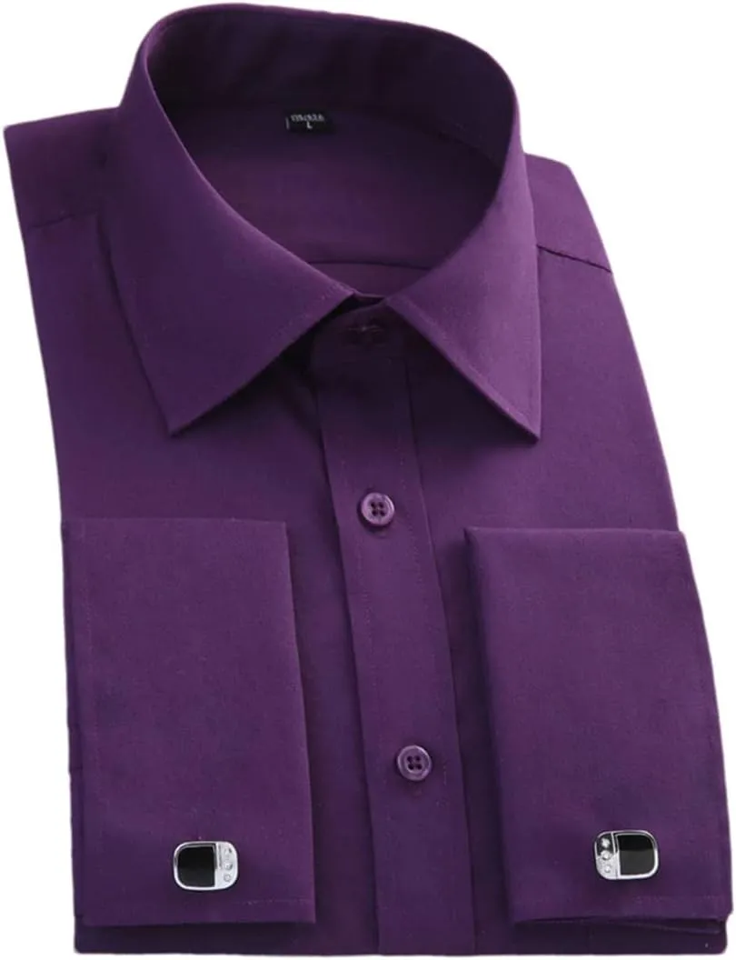 Pulcykp Men's Slim Fit French Cufflinks Shirt Long Sleeve Cotton Tuxedo Shirt Formal Dress Shirts