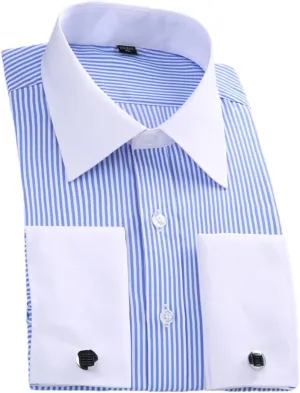Pulcykp Men's Slim Fit French Cufflinks Shirt Long Sleeve Cotton Tuxedo Shirt Formal Dress Shirts