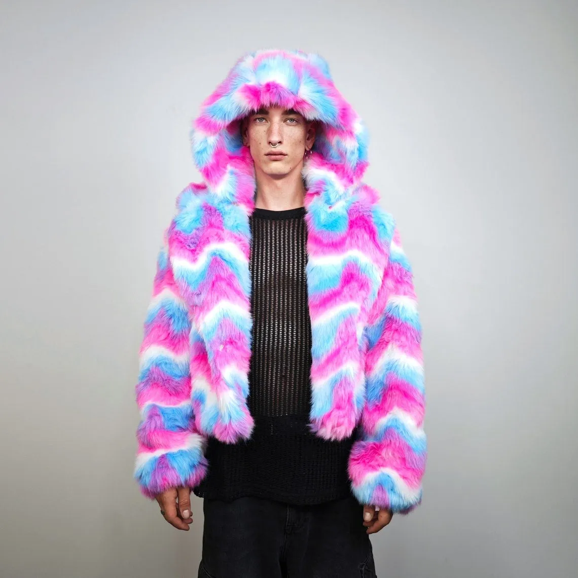 Rainbow faux fur skirt crop striped shorts festival zigzag skater skirt furry set carnival costume party pants psycho wide rave gown pink