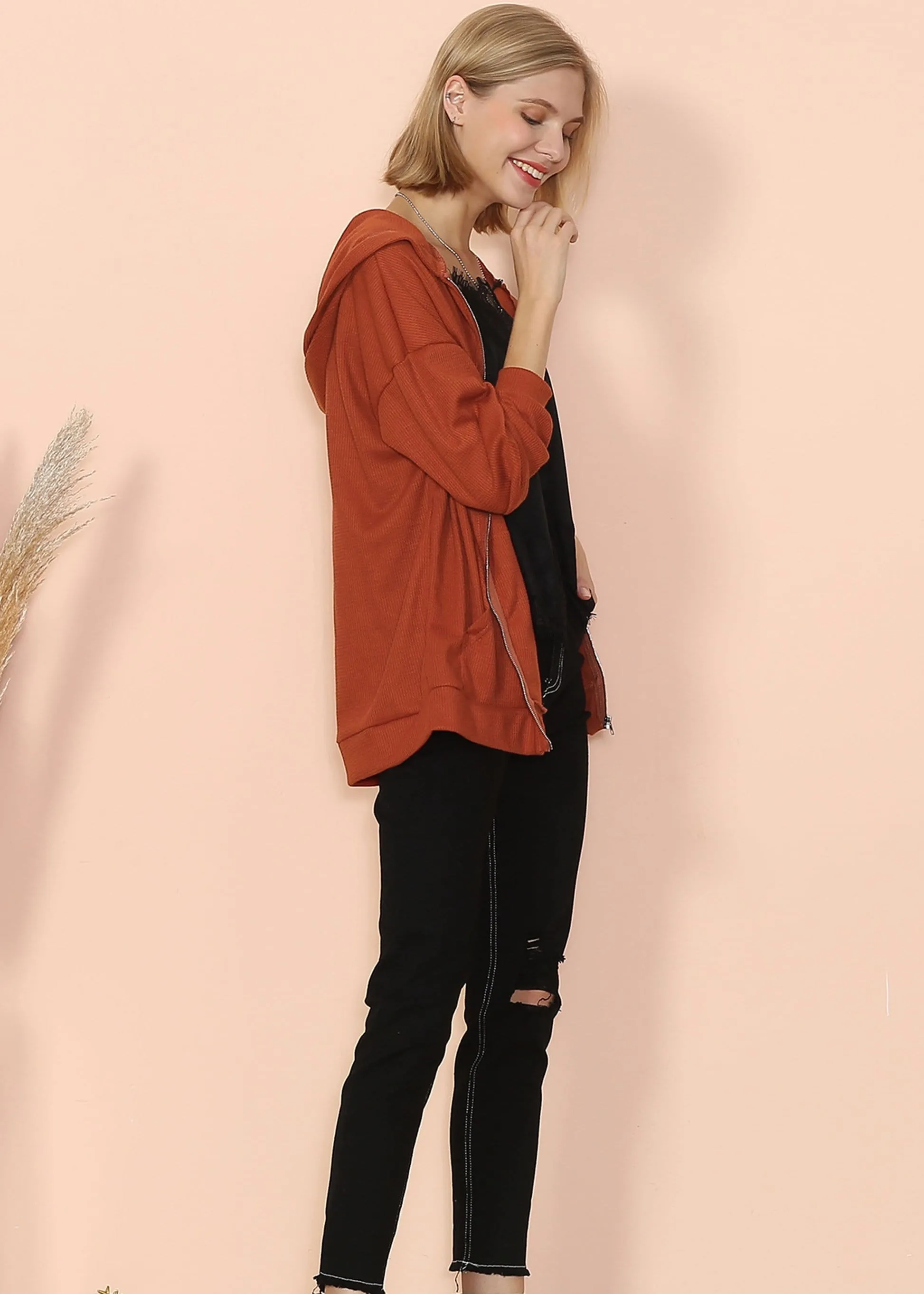 Solid Drop Shoulder Knit Hoodie