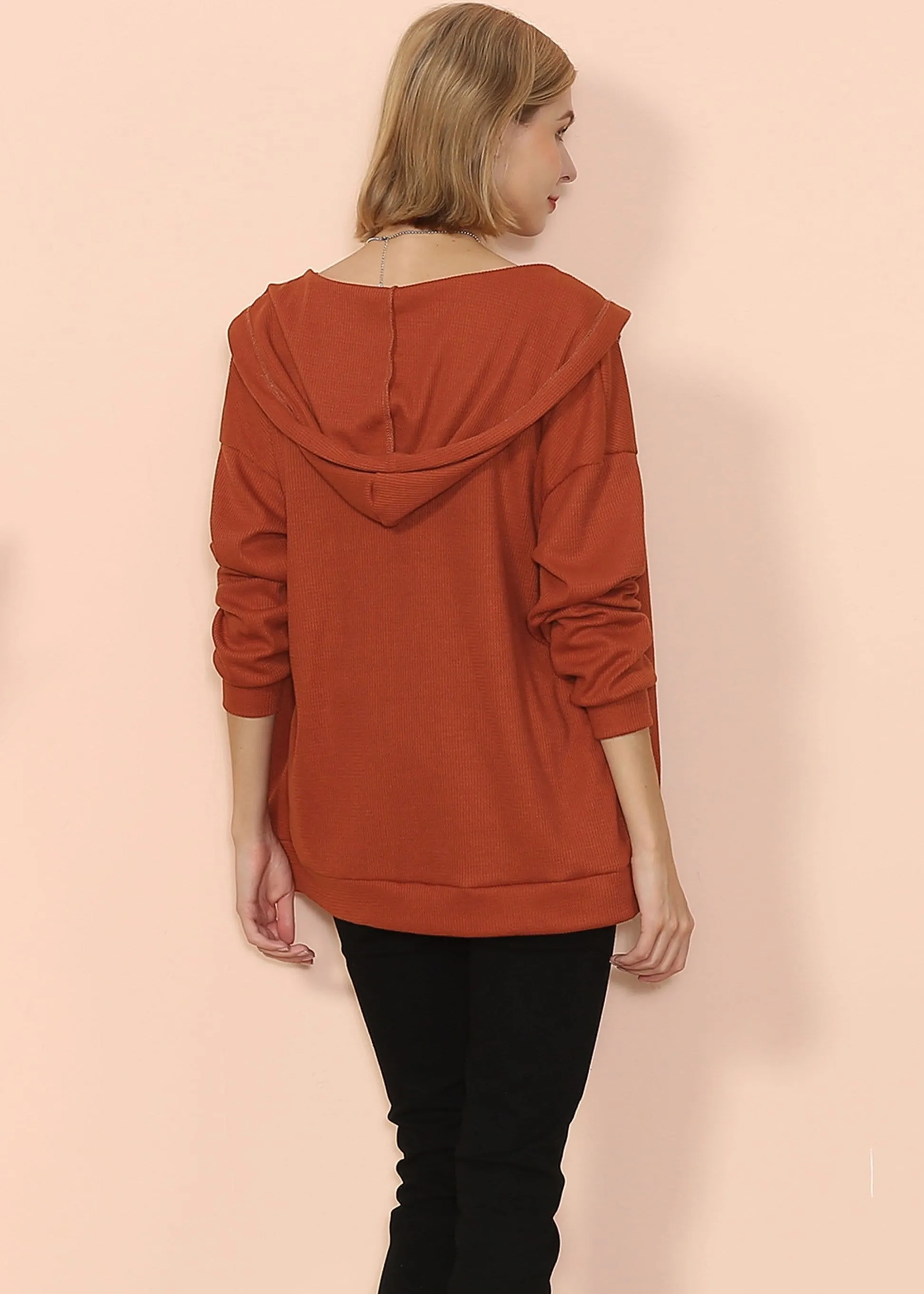 Solid Drop Shoulder Knit Hoodie