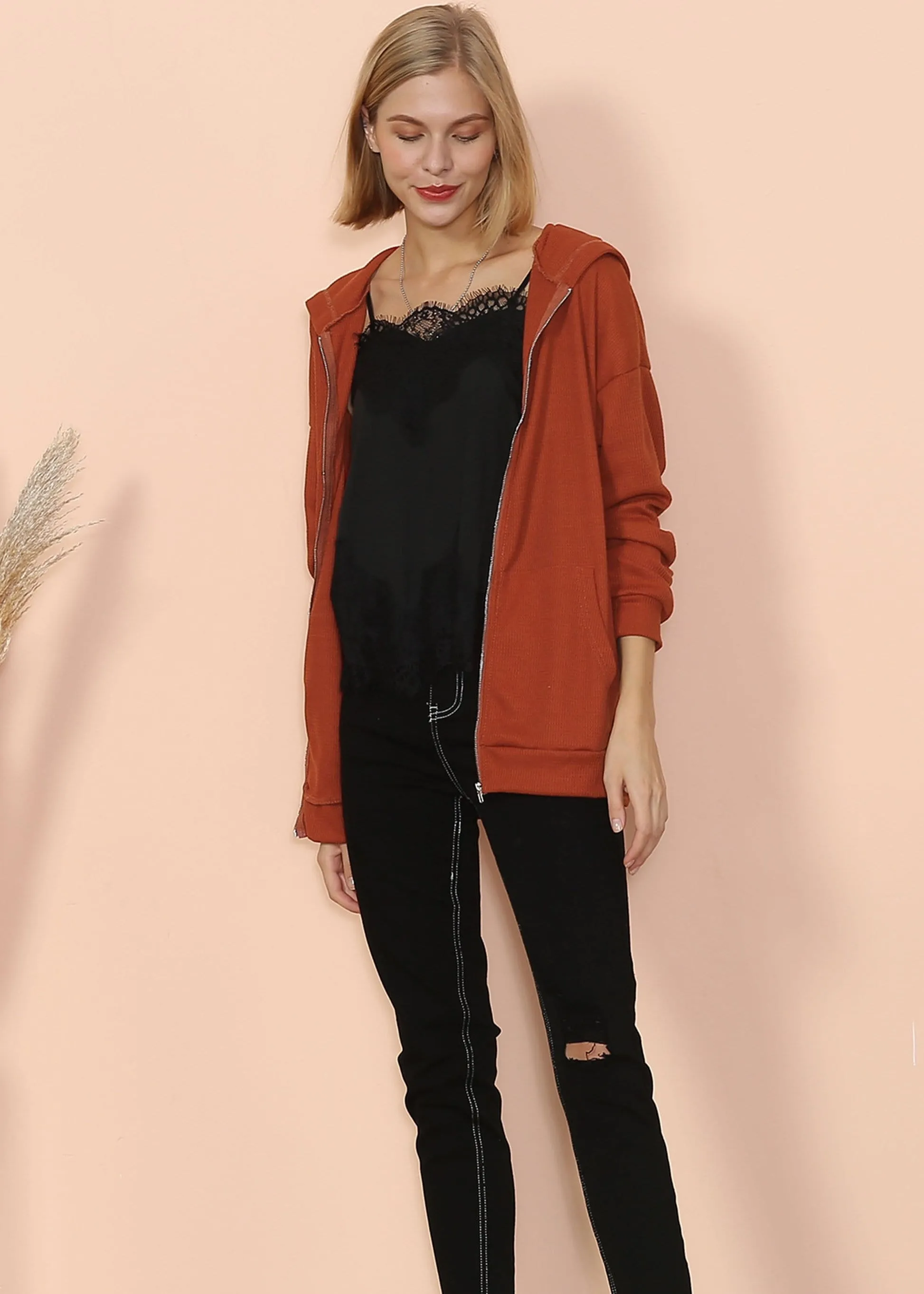 Solid Drop Shoulder Knit Hoodie