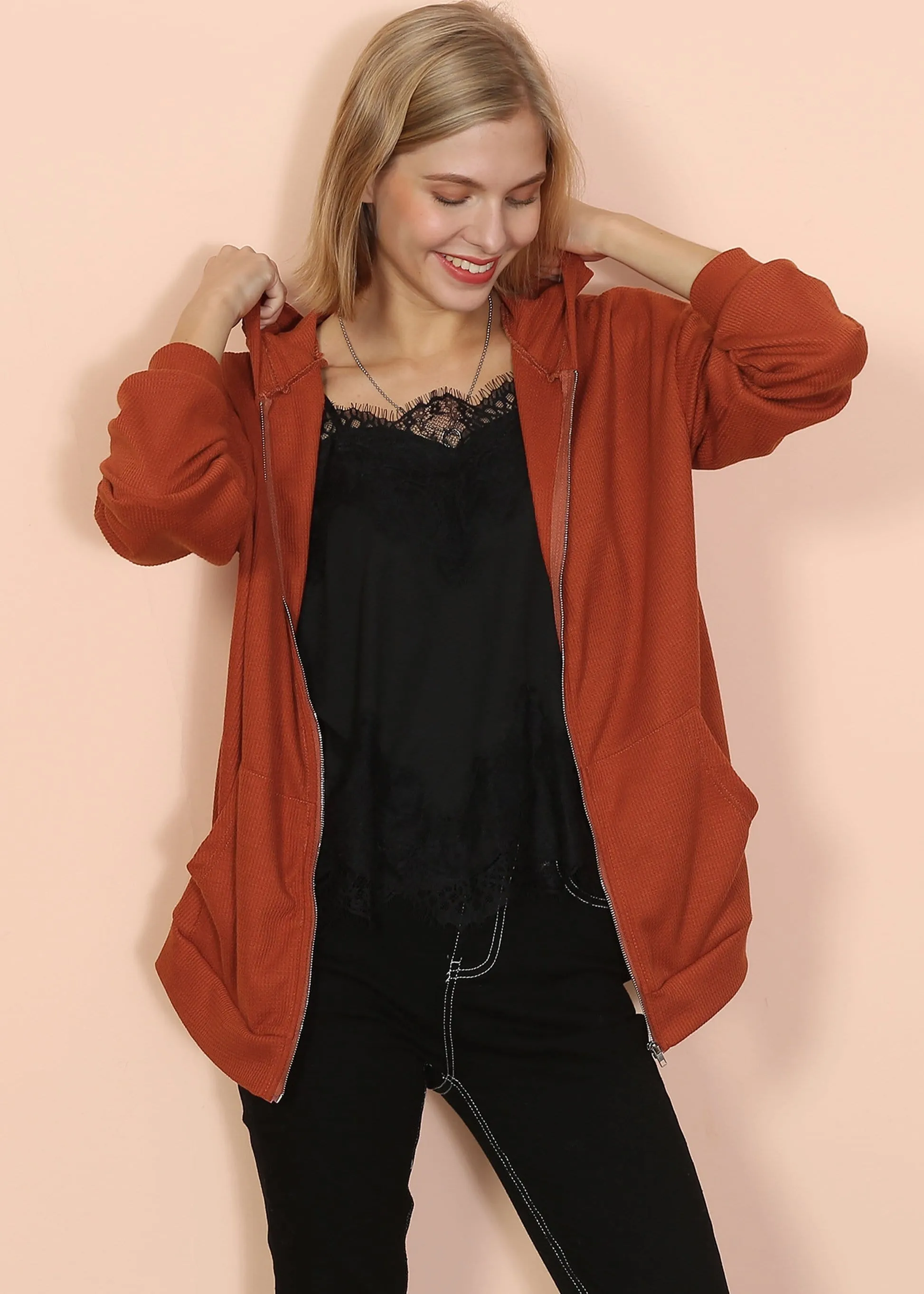 Solid Drop Shoulder Knit Hoodie