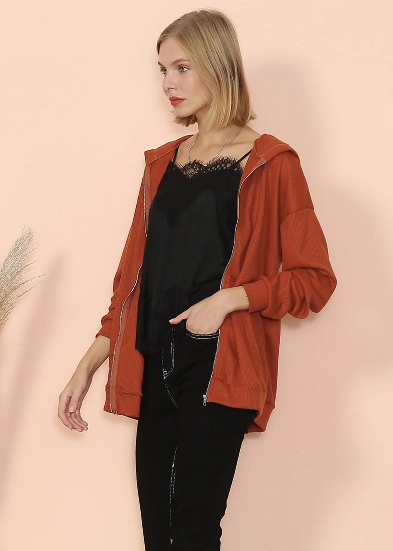 Solid Drop Shoulder Knit Hoodie