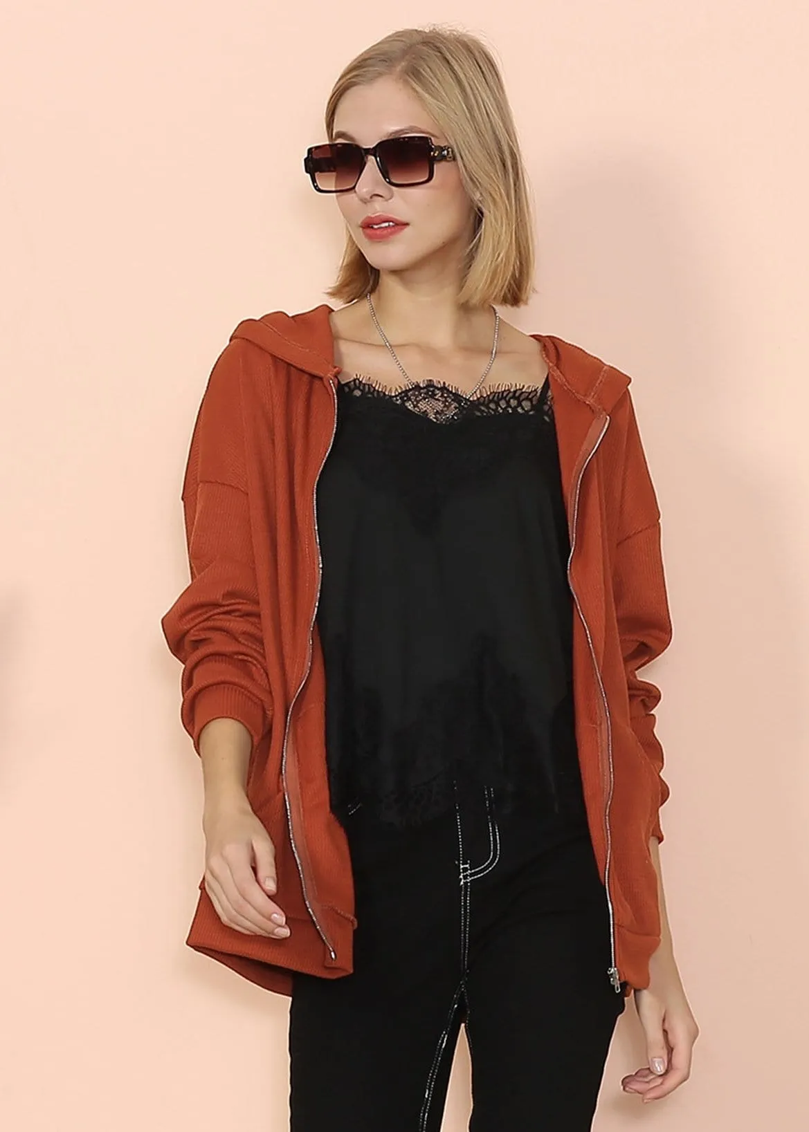 Solid Drop Shoulder Knit Hoodie