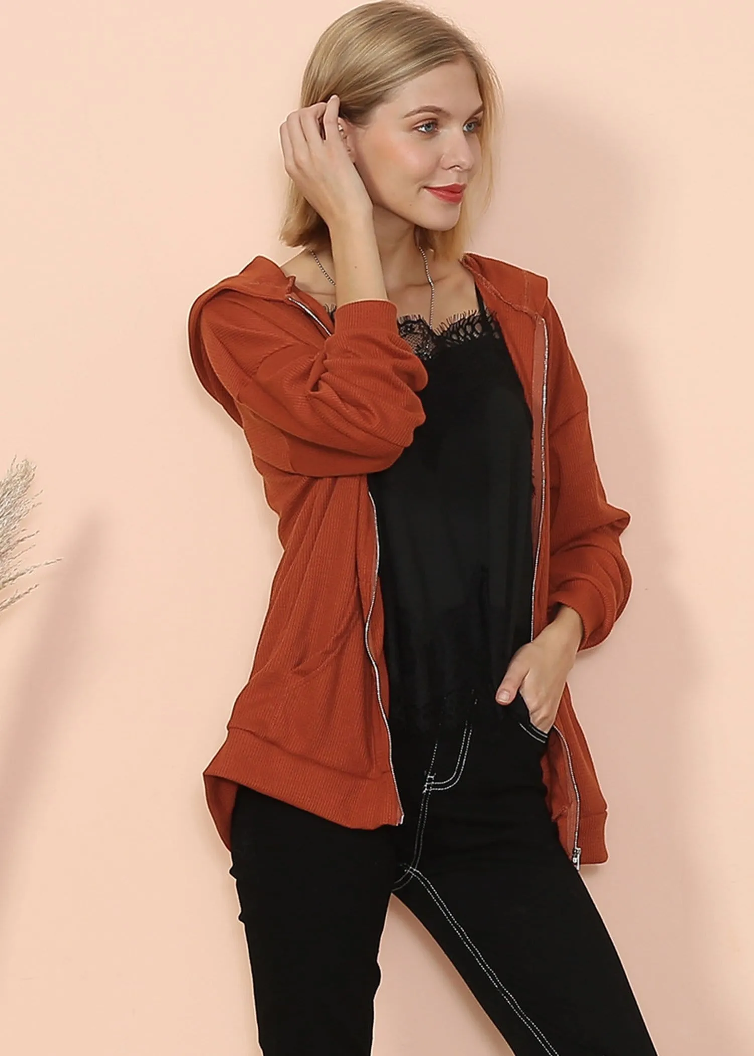 Solid Drop Shoulder Knit Hoodie