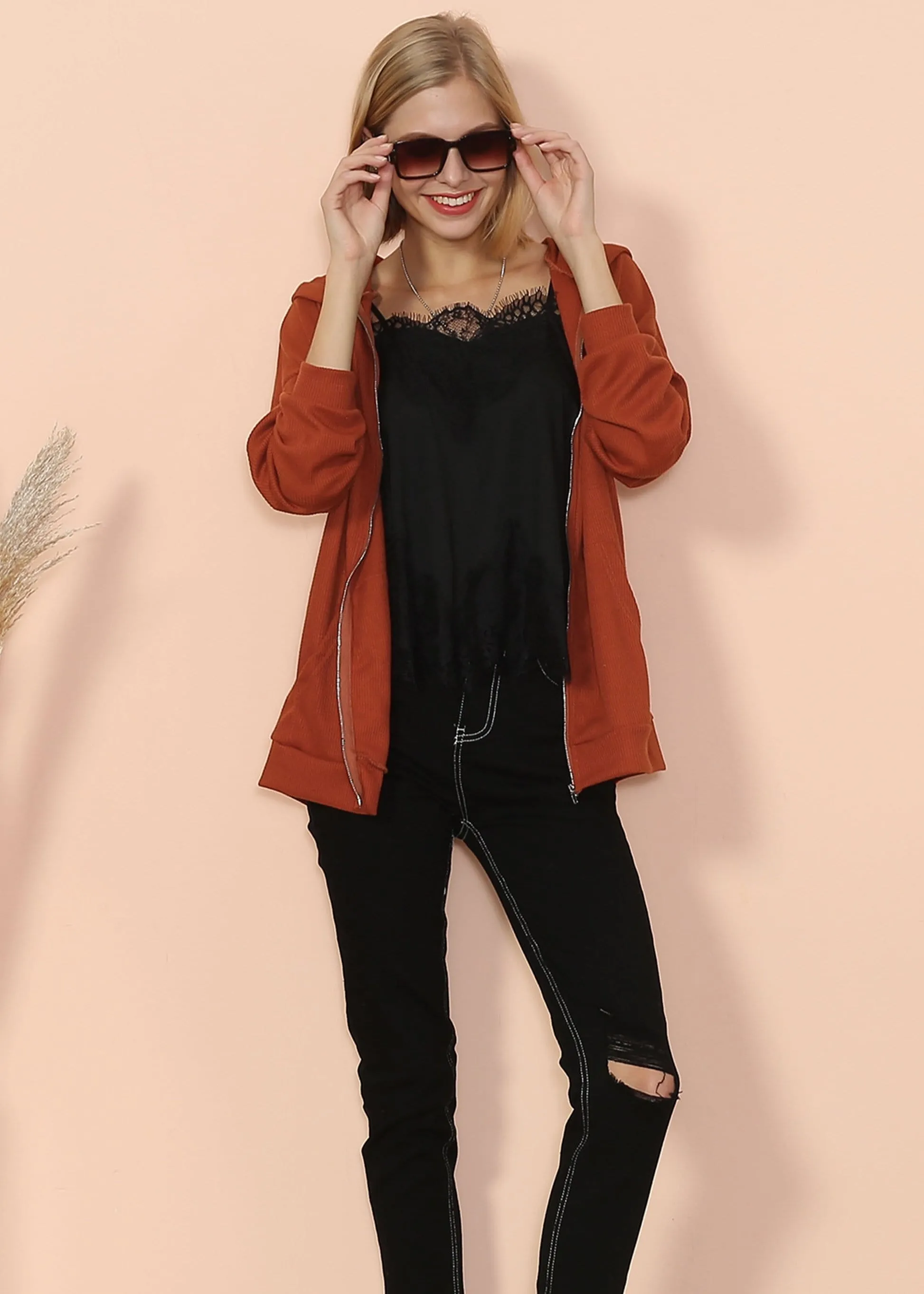 Solid Drop Shoulder Knit Hoodie