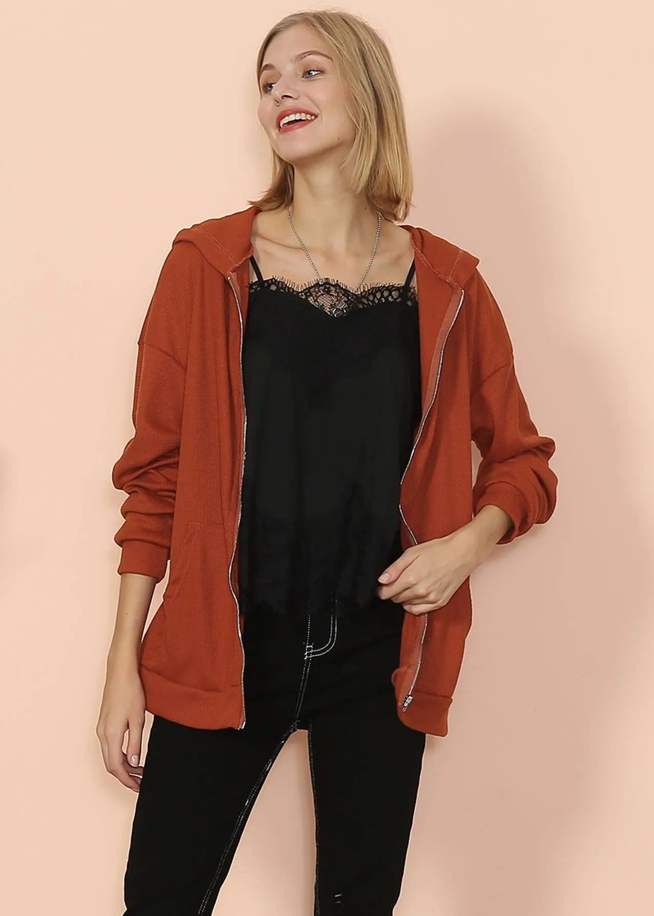 Solid Drop Shoulder Knit Hoodie