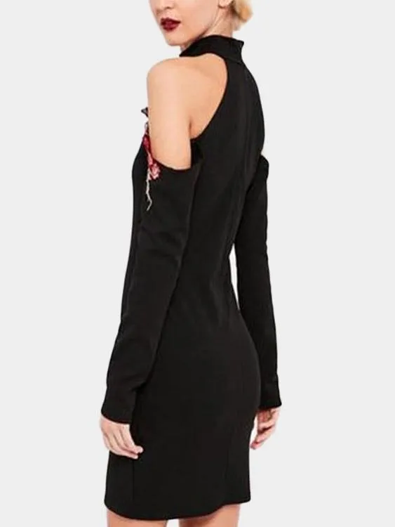 Wholesale Black Halter Long Sleeve Embroidered Bodycon Sexy Dress