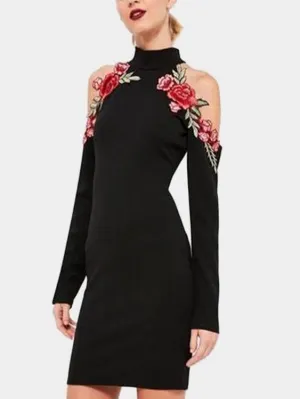 Wholesale Black Halter Long Sleeve Embroidered Bodycon Sexy Dress