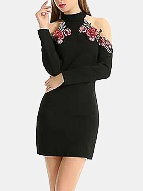 Wholesale Black Halter Long Sleeve Embroidered Bodycon Sexy Dress