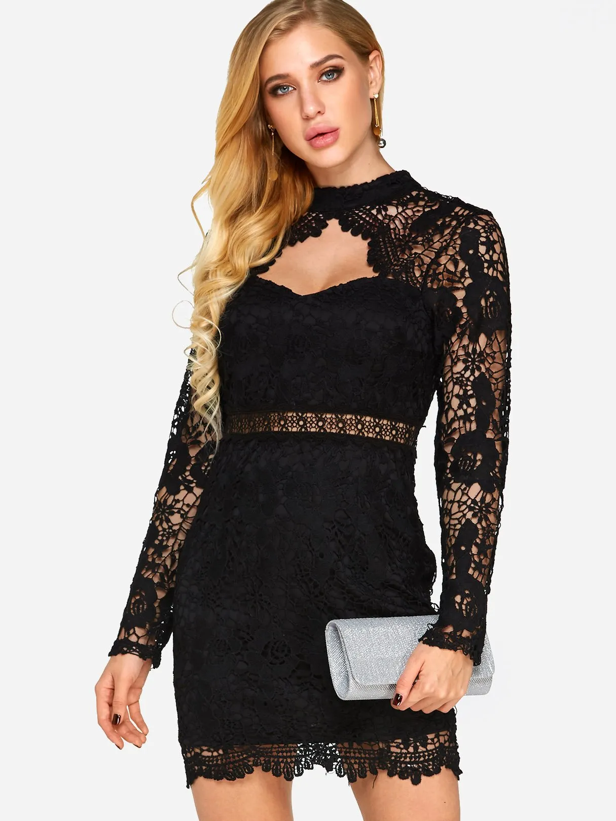 Wholesale Black Halter Long Sleeve Lace Backless Hollow Bodycon Sexy Dress
