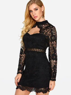 Wholesale Black Halter Long Sleeve Lace Backless Hollow Bodycon Sexy Dress