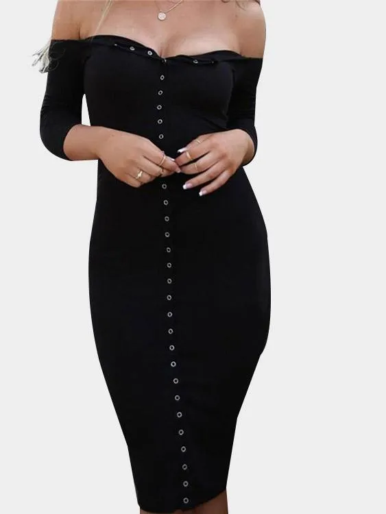 Wholesale Black Off The Shoulder 3/4 Length Sleeve Plain Bodycon Sexy Dresses
