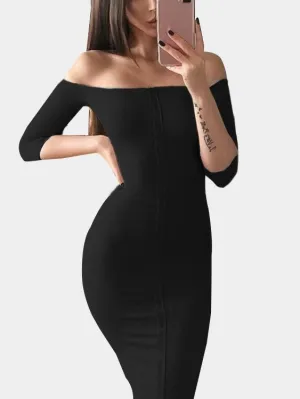 Wholesale Black Off The Shoulder 3/4 Length Sleeve Plain Bodycon Sexy Dresses