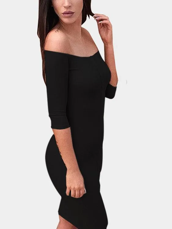 Wholesale Black Off The Shoulder 3/4 Length Sleeve Plain Bodycon Sexy Dresses