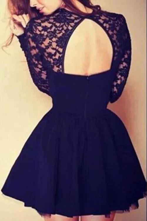 Wholesale Black Round Neck Long Sleeve Plain Lace Sexy Dress