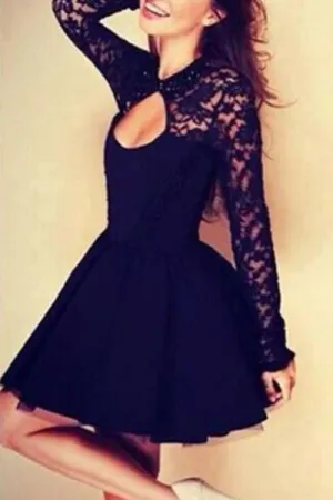 Wholesale Black Round Neck Long Sleeve Plain Lace Sexy Dress