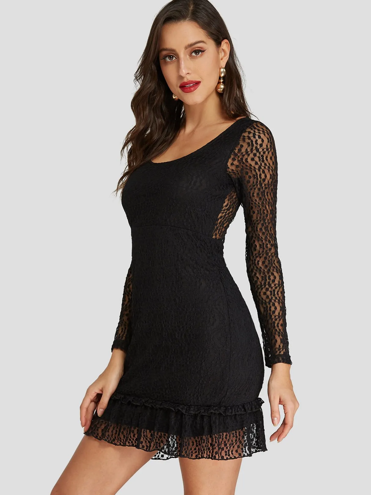 Wholesale Black Scoop Neck Long Sleeve Sheer Lace Backless Ruffle Hem Sexy Dresses