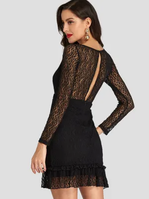 Wholesale Black Scoop Neck Long Sleeve Sheer Lace Backless Ruffle Hem Sexy Dresses