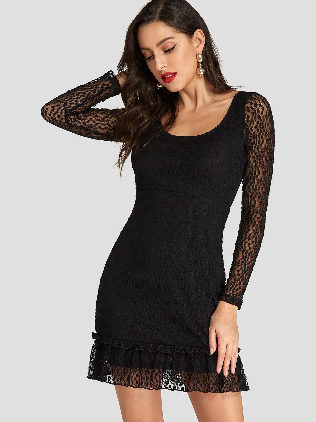 Wholesale Black Scoop Neck Long Sleeve Sheer Lace Backless Ruffle Hem Sexy Dresses