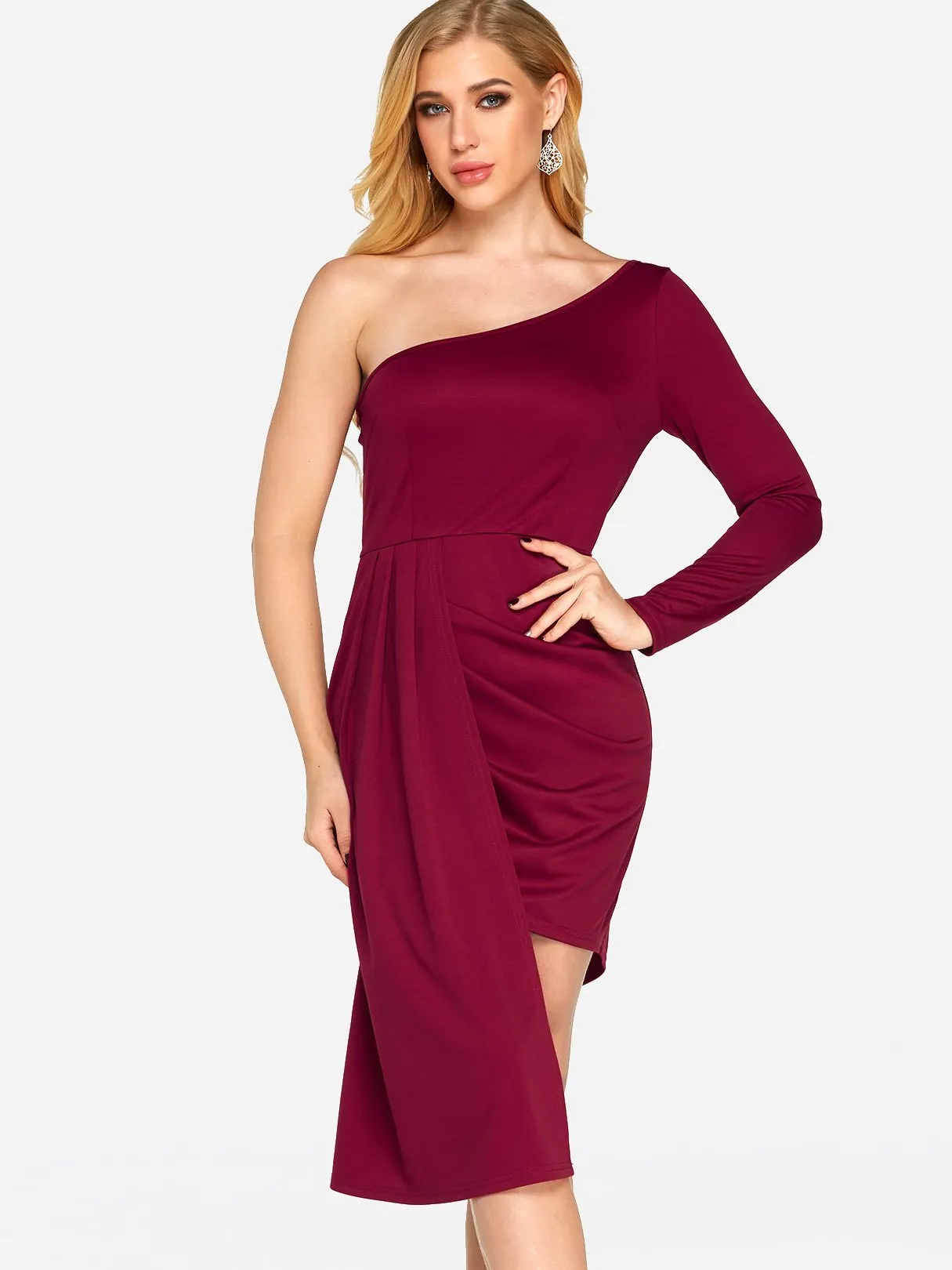 Wholesale Burgundy One Shoulder Long Sleeve Pleated Irregular Hem Sexy Dresses